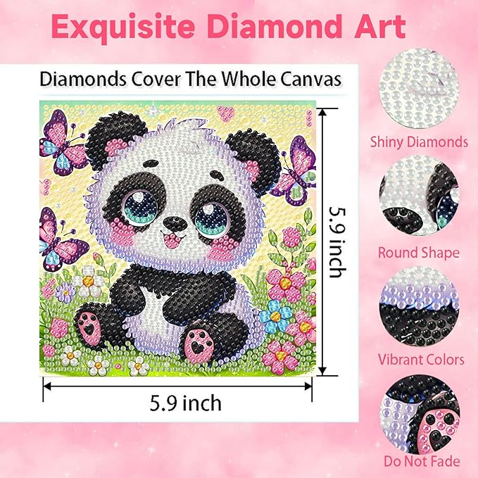 Panda Diamond Art Painting Kits for Kids with Frame, Panda Diamond Art for Kids Ages 4-8-12 with Frame, Easy Small Cute Animal Gem Painting Kit for Gift Home Wall Decoration (7x7 inch)