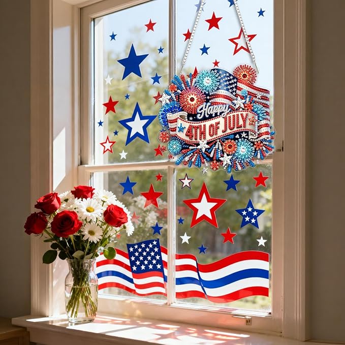 CEOVR Independence Day Hanging Diamond Art for Adults, 4th of July American Flag Diamond Painting Pendant DIY Gem Art Wall Hanging Ornament, Acrylic Home Garden Decor with Chain, Box Kit 7.79×7.3inch