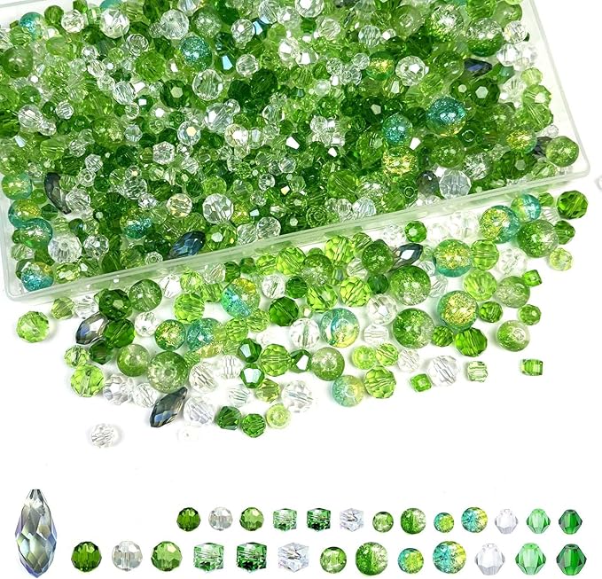 1000pcs Green Beads, Glass Crystal Beads for Jewelry Making, Assorted Styles Craft Crystal Beads (Teardrop, Bicone, Rondelle, Square, Crackle Round) for Bracelet Necklace Earring, Bead Kit with 1 Box