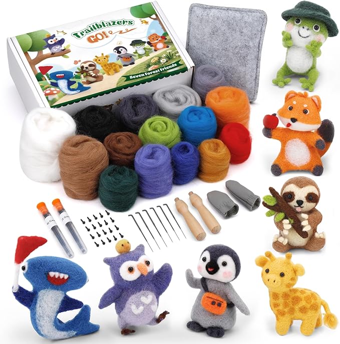 OEHPICC Needle Felting Starter Kit, 7 Cute Buddy Wool Felting Kit, Animal Felt Kit for Beginner Adults with Felting Needles and Instructions for DIY Felting