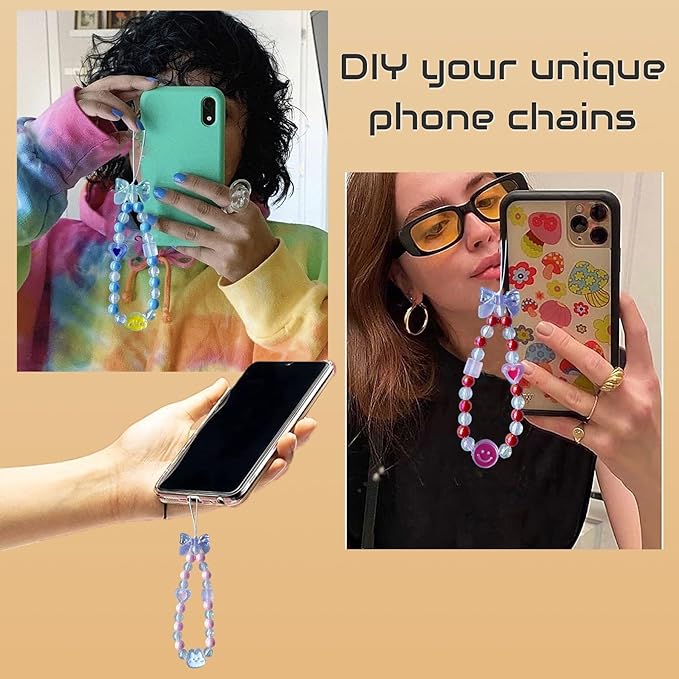 SHUANGART 252 Pcs Phone Chain Beaded Making kit, Cell Phone Charms Lanyard Wrist Strap Set with Acrylic Assorted Pastel Beads Butterfly Flower Heart Candy Round Beads for Women DIY Bracelet Keychain