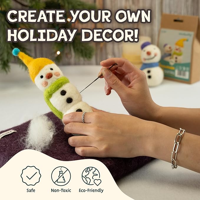 Woolbuddy Needle Felting Kit - Snowman Christmas, Complete Felting Kit for Beginners & Adults, Includes Needle Felting Supplies, Felting Mat, Felting Wool, and Felting Needles for Crafting Fun
