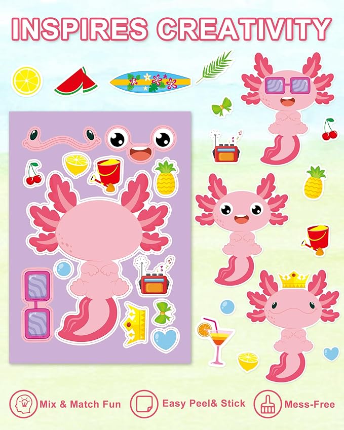 aowplc 32 sheets axolotl make-a-face stickers mix 'n match crafts for kids axolotl party favors & activities