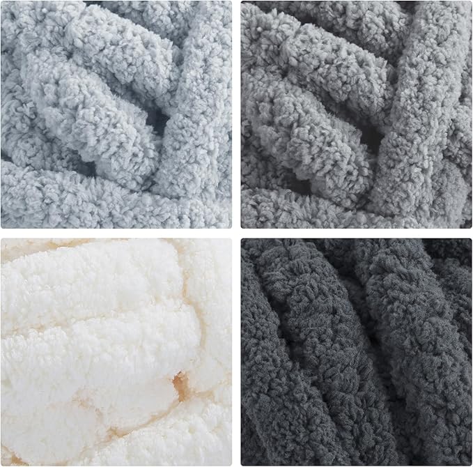 MABOZOO Assorted Chunky Yarn for Crocheting 8 Pack,Fluffy Jumbo Chenille Yarn,Soft Plush Yarn Bulky,Giant Thick Fuzzy Yarn for Hand or Arm Knitting,Cream & Multi Grey(31.7 yds,8 oz Each Skein)
