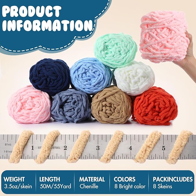 Buryeah 8 Pack Chunky Chenille Yarn for Crocheting Soft Thick Fluffy Yarn for Hand Knitting Bulky Velvet Blanket Plush for Weaving DIY Crafts Each 3.5 oz 55 Yards(Multicolor)
