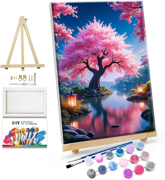 JOOZ Paint by Numbers Kit for Adults with Easel Cherry Blossom Tree Paint by Number with Frame Lake Scenery Adult Paint by Number Kits Oil Painting by Numbers for Gift Home Wall Decor 8x12 Inch