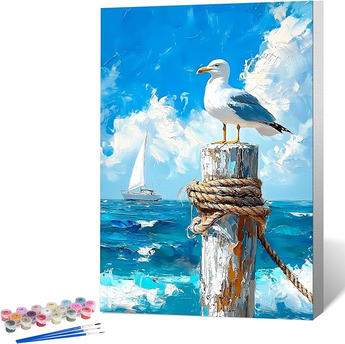 Framed Paint by Numbers Kit for Adults Beginner Seagull, Adult Paint by Number Kits on Canvas Framed Seascape, DIY Acrylic Oil Painting by Numbers with Frame, Perfect for Home Decor Gift 8 X 12 Inch