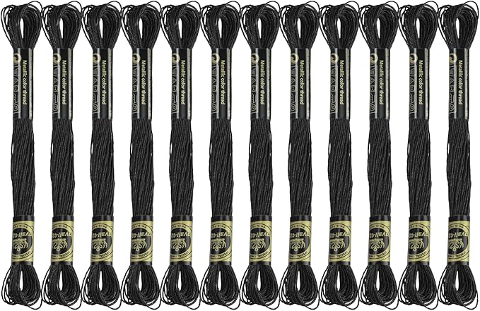 12 Skeins Embroidery Floss, Black Metallic Embroidery Thread Polyester Cross-Stitch Threads for Hand Embroidery String Art DIY Creation