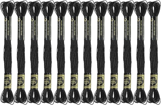 12 Skeins Embroidery Floss, Black Metallic Embroidery Thread Polyester Cross-Stitch Threads for Hand Embroidery String Art DIY Creation
