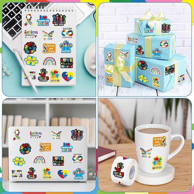 beyumi autism awareness roll stickers - 1000pcs puzzle pieces ribbon sticker in 2 rolls waterproof vinyl autism awareness decal fundraiser event laptop bottle notebook luggage gift decor for kids teen
