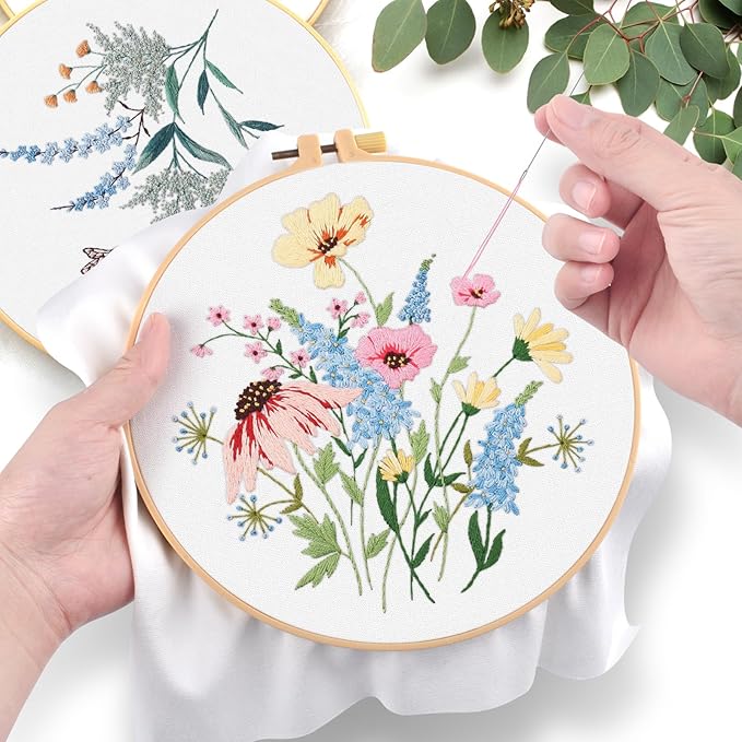 ERKOON Embroidery Kit for Beginners, 5 Sets Flower Cross Stitch Set for Adults Include Embroidery Cloth Hoops Threads for Craft Lover Hand Stitch with Skill Techniques (Flower)