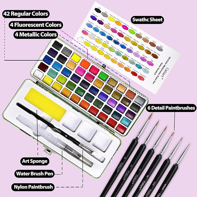Caliart Watercolor Paint Set, 50 Colors Portable Water Color Palette Kit with Detail Paint Brush, Art Supplies Gifts for Adult Professional Artist Painting Coloring, Easter Basket Essentials Stuffers
