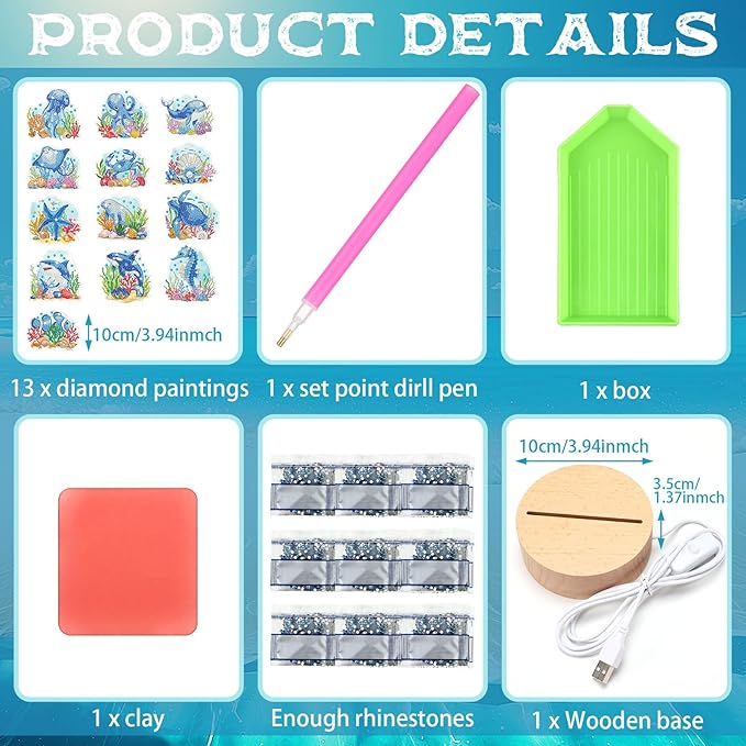 Chunful 13 Pcs Interchangeable Ocean Diamond Art Tabletop with Wooden Light Base Summer Ocean Animal Diamond Tabletop Decor DIY Blue Theme Diamonds Painting Kit for Home Office Tiered Tray Table Decor