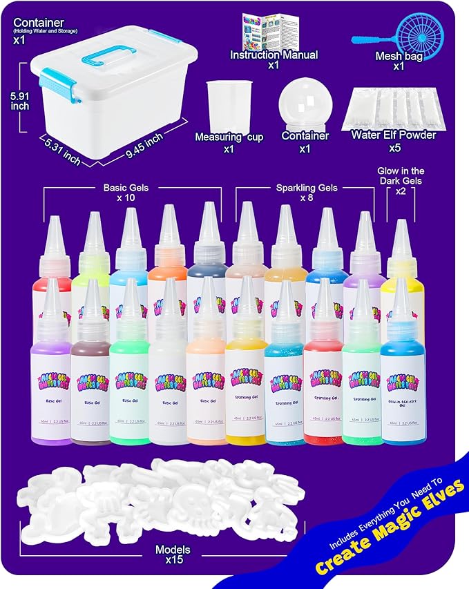 upgraded magic water elf toy kit, 20 gels & 15 molds, craft & art kits for kids age 3+, aqua fairy water gel kit make your own water pets squishy toy, diy squishy maker christmas gift party favors