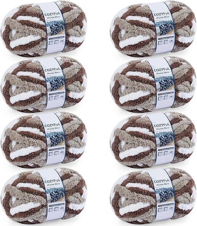 Chunky Yarn for Hand Knitting - #10 Chunky Chenille Blanket Yarn, Jumbo Big Thick Chunky Yarns for Crocheting, Tie Dye Bulky Knit Yarns, 8 Skein (25 yds 8 oz Each Skein), Multi Coffee & White