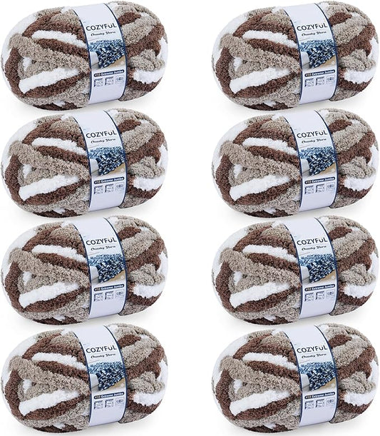 Chunky Yarn for Hand Knitting - #10 Chunky Chenille Blanket Yarn, Jumbo Big Thick Chunky Yarns for Crocheting, Tie Dye Bulky Knit Yarns, 8 Skein (25 yds 8 oz Each Skein), Multi Coffee & White