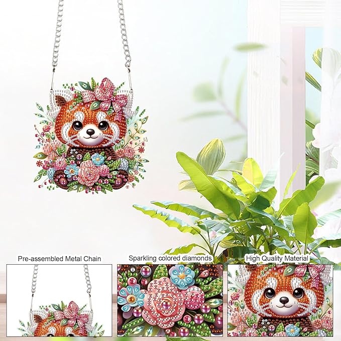 AiYuanzsh Diamond Painting Hanging Pendant Kits Red Panda DIY Crystal Rhinestone Wreath Kits, Colored Point Crystal Diamond Art Window Pendants Home Garden Wall Door Birthday Festival Gifts
