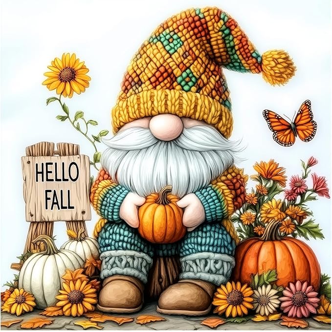 DIYDECORFUN Gnome Diamond Art Kits for Adults, Hello Fall Diamond Painting Kit for Beginners,DIY 5D Full Round Drills Autumn Pumpkin Diamond Dot Gem Art Crafts for Home Wall Decor 14x14IN