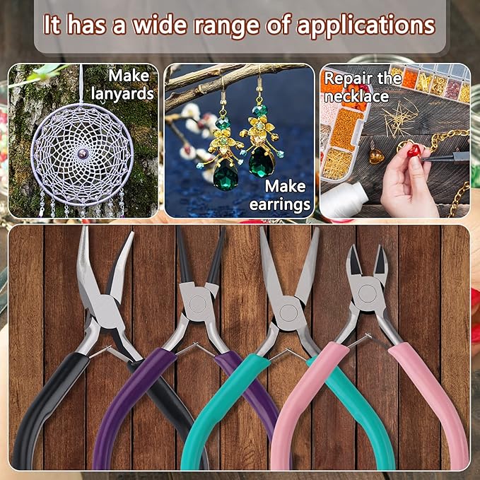 4Pcs Jewelry Pliers Set Jewelry Making Pliers Tools Kit Include Jewelry Making Needle Nose Chain Nose Round Bent Pliers Wire Cutter for Bracelet Beading DIY Craft Jewelry Making Supplies