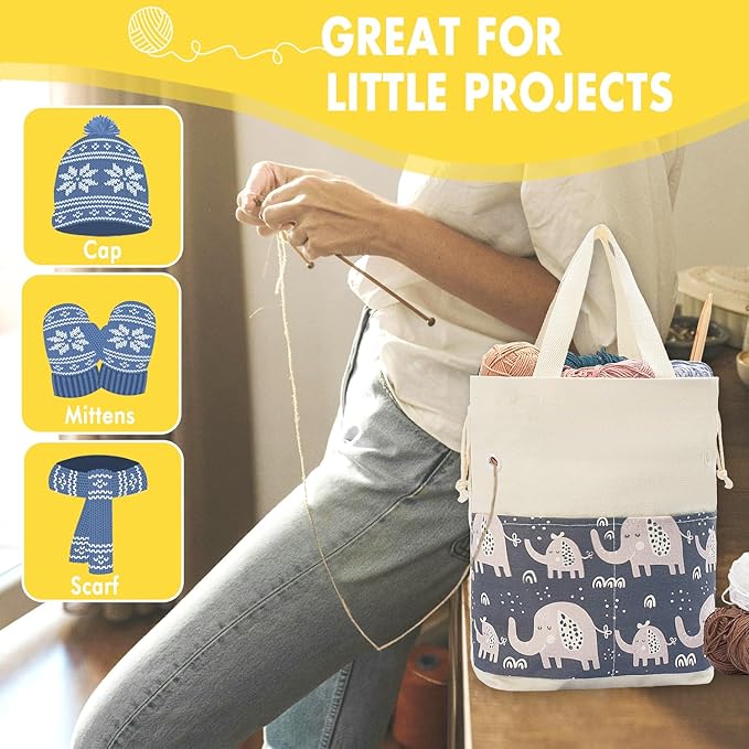 Crochet Bag, Handy Knitting Project Yarn Bag, Crochet Accessories Yarn Storage Organizer, Knitting Bags and Totes for Crocheting on The Go, 12x13x5'' (Gray Elephant, Small)