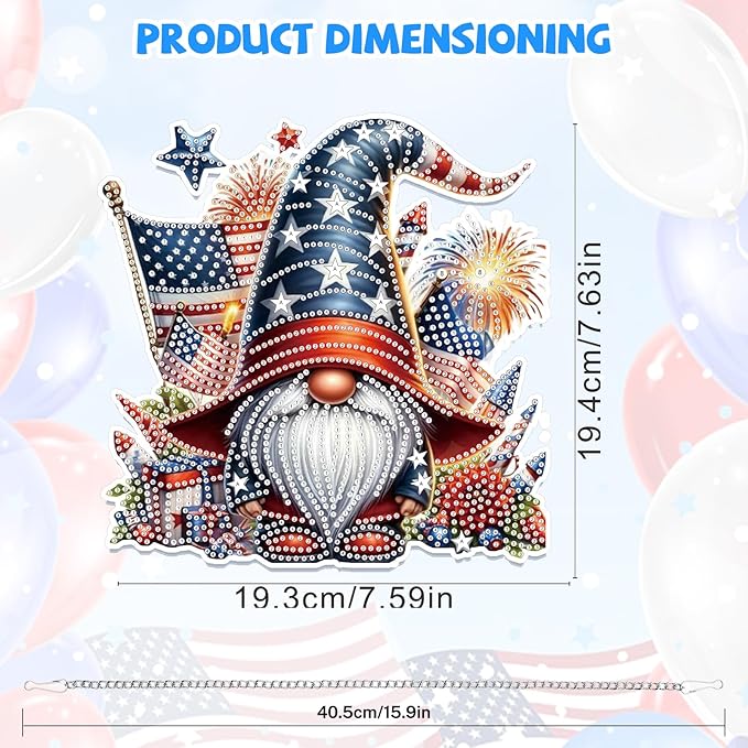 Bowetile Independence Day 5D Diamond Art Hanging Gnome Kits for Adults, 4th of July Fireworks Diamond Painting Window Pendant Kits, Special Shape Gem Art Suncatcher Ornament for Home Wall Decor