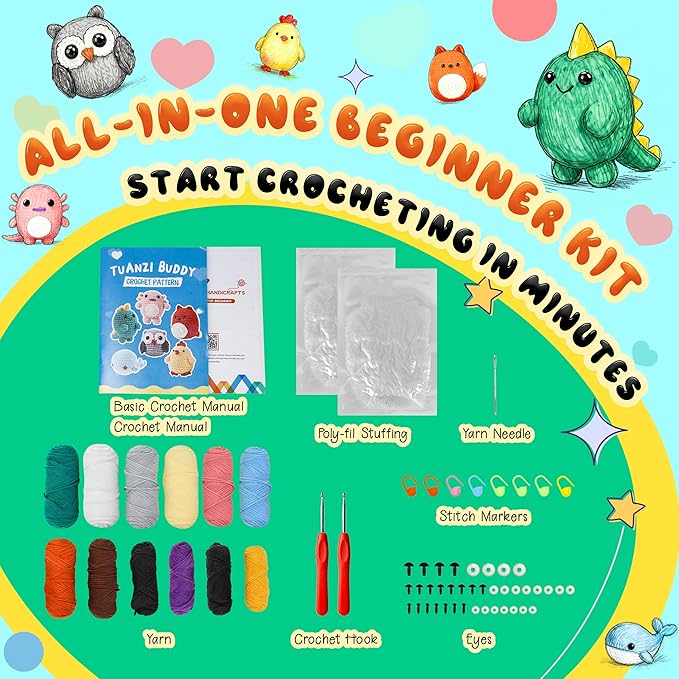 Joyclub 6 Pcs Crochet Kit for Beginners Crochet Starter Kits for Adults and Kids Great Birthday Gifts for Crocheting Lovers with Step by Step Video Amigurumi Animal Family Knitting Kit DIY Craft