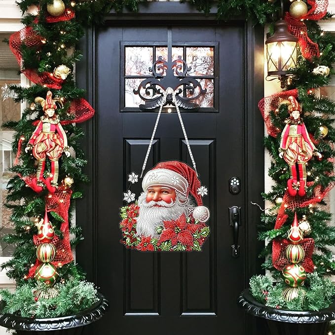 Christmas Santa Claus Diamond Art Hanging Kits for Adults, Diamond Painting Pendant Kits, DIY Acrylic 5D Special Shaped Crystal Diamonds Gem Art Painting Ornament for Home Wall Decor Gift