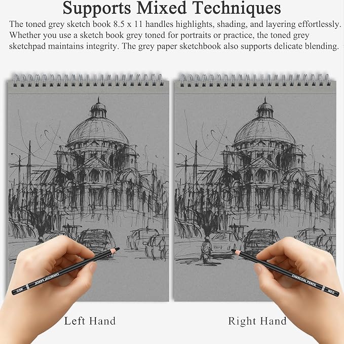 fuxi toned gray sketchbook 8.5x11, 60 sheets (85lb/150gsm) spiral bound, hardcover, artist sketch pads for drawing for adults with pencil, charcoal, colored pencils for artists & students, classroom.