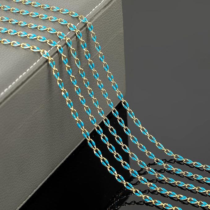 YOUBEIYEE 2 Meters Lake Blue Enamel Cable Chains Bulk Gold Plated Chain for Jewelry Making Brass Chain Necklace DIY Jewelry Supplies