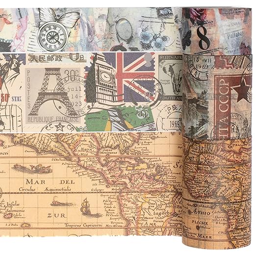 YUBX Vintage Washi Tape Set 10 Rolls Wide Decorative Antique Map Stamp Newspaper Masking Tapes for Arts, DIY Crafts, Journals