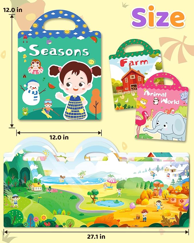 benresive reusable sticker books for kids, sticker books for toddlers, toddler travel toys activities crafts ages 3 and up birthday gifts - farm, animal and season