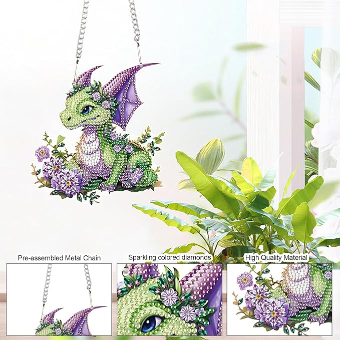 AiYuanzsh Green Dragon Diamond Painting Hanging Pendant Kit Animal Special Shaped Diamond Dots Art Acrylic Ornaments Diamond Painting Pendant for Adults Home Wall Window Decor Gift