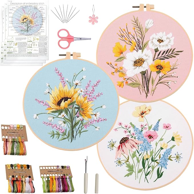 Ohcol 3 Sets Embroidery Kit,Cross Stitch Kits Needlepoint Kits for Adults Beginner,Needle Point Kits with Washable Pre-Printed Floral Pattern,Hoops,Women DIY Hand Crafts