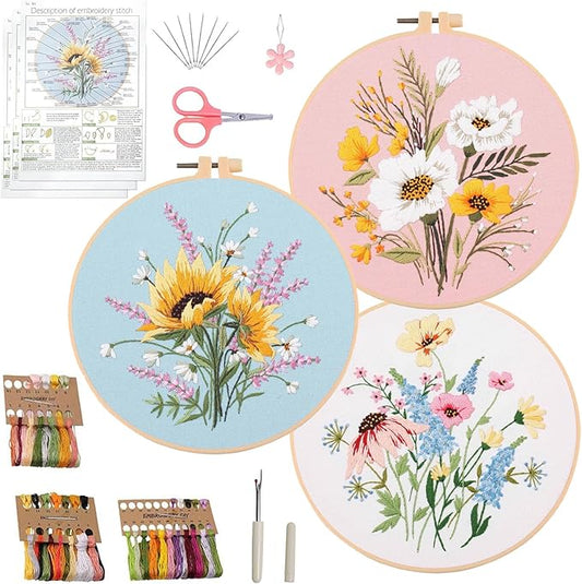 Ohcol 3 Sets Embroidery Kit,Cross Stitch Kits Needlepoint Kits for Adults Beginner,Needle Point Kits with Washable Pre-Printed Floral Pattern,Hoops,Women DIY Hand Crafts