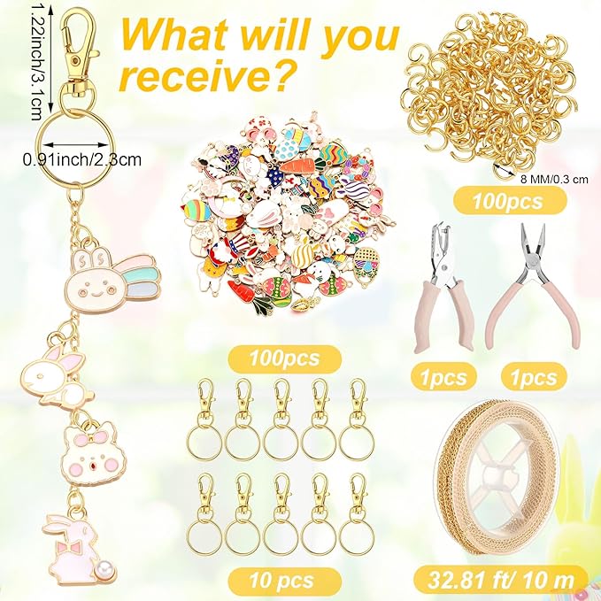 VioraWhite 213 Pcs Easter Theme Lip Gloss Keychain Making Kit 100 Pink Enamel Charms 32.81 ft Gold Chains for DIY Crafts Women