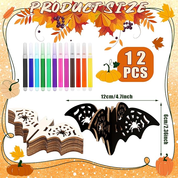 Blosssound 48 Pcs Summer Halloween Craft Set 36 Wood Bats for Crafts 3D Bats Cutouts with 12 Colored Marker Wooden Unfinished Slices to Paint for Summer Halloween DIY Handmade Tiered Tray Decor