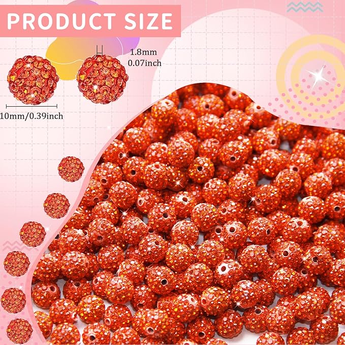150 Pcs 10mm Rhinestone Beads for Jewelry Making, Orange Shiny Round Shamballa Disco Baseball Necklace Beads Sparkle Crystal Clay Pave Rhinestones Bead for DIY Bracelet Earring Craft Making Supplies