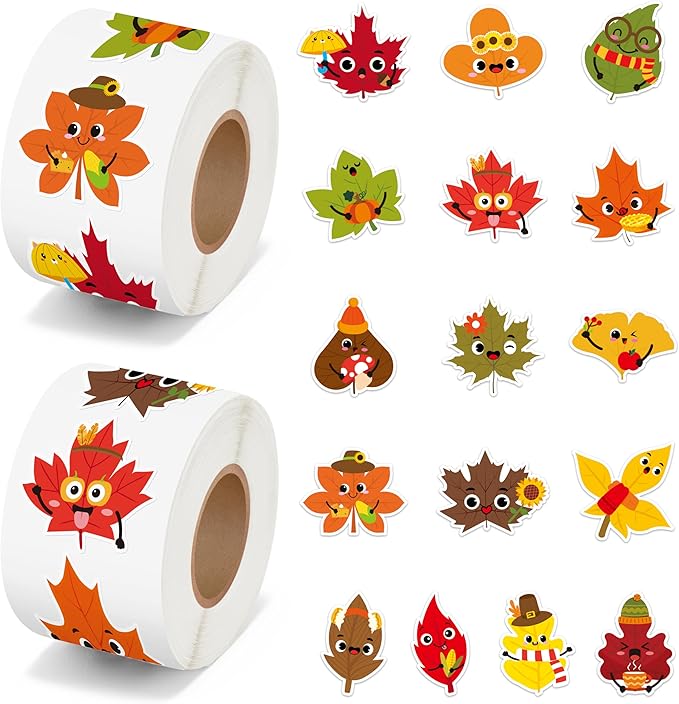 beyumi fall maple leaves sticker - 1000pcs fall cute leaf stickers in 2 rolls autumn thanksgiving adhesive maple leaf decals with expressions harvest party favor classroom office bottle decor for kids