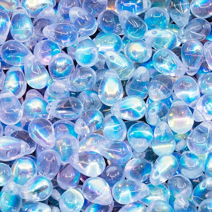 Czech 50-Piece Glass Beads, 6x9mm, Teardrop Transparent Violet-Blue AB (20210 AB)