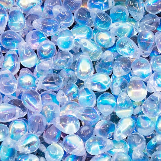 Czech 50-Piece Glass Beads, 6x9mm, Teardrop Transparent Violet-Blue AB (20210 AB)