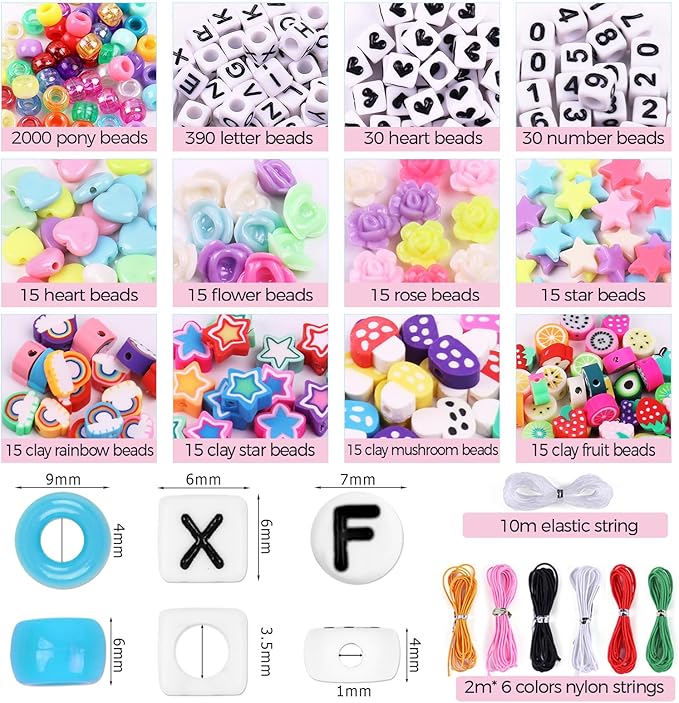 Pubiseed 3000pcs 72 Colors Pony Beads for Bracelet Making Kit, 2000pcs Kandi Bead and 700pcs A-Z Square Letter for Friendship Bracelet Kit, 200 pcs Plastic Bead for Adults Jewelry Making Crafts