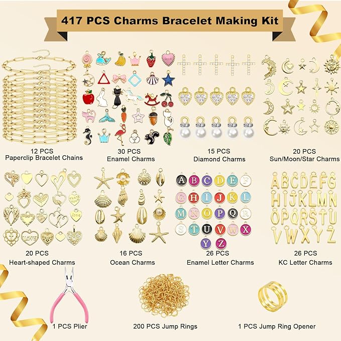 HejVulkan 416 PCS Gold Charm Bracelet Making Kit with Paperclip Chain Bracelets, 153+ Enamel & Gold Charms, Make Your Own Charm Bracelet Kit, Easy Charm Bracelet Making Kit for Women