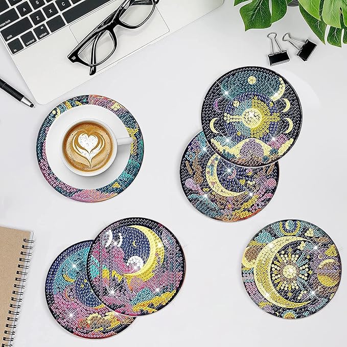 EWJRNSF 8 PCS Small Diamond Painting Coasters Kit, Fall Art Coasters for Adults Beginners, Arts and Crafts Supplies Item Sets Not with Holder Moon