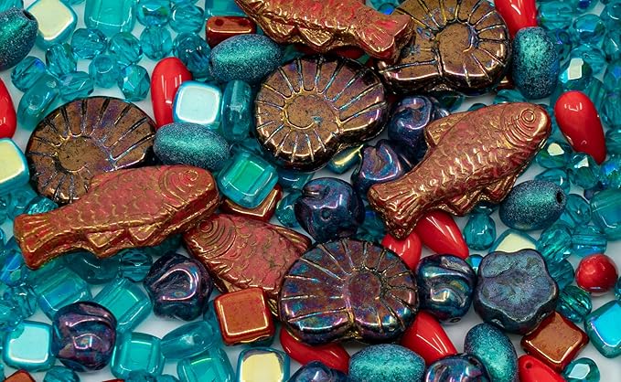 2.1 oz (60 g) Mix of Unique Czech Bohemia Glass Pressed Beads, Matte and Glossy, Hand Made, Coral Red Turquoise New