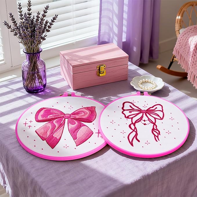 2 Sets Pink Hand Embroidery Kits for Beginners Adults, Cute Bow Embroidery Starter Kits, Cross Stitch Kits for Beginner Needlepoint DIY Kits for Adult, 2 Set Embroidery Hoops, Thread & Video Tutorial