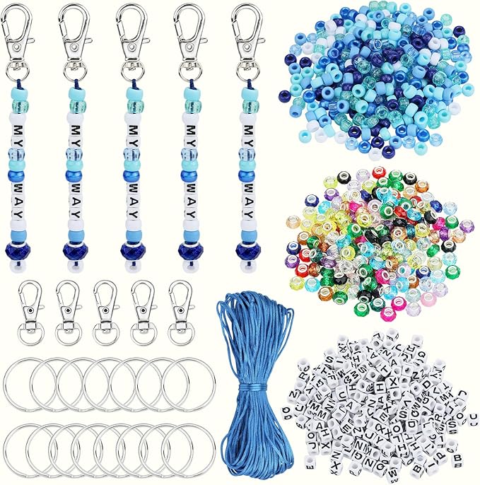 BEEFLYING 750 Pcs DIY Bead Keychain Kit Key Chain Making Crafts Letter Beads Strings Adjustable Alphabet Key Ring Jewelry Backpack Accessories Holiday Party Festival Favor Gift (Blue)