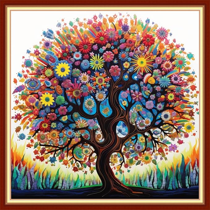 dimxvean stamped cross stitch kits,cross stitch kits for adults beginners,embroidery kits full range of cross stitch stamped kits needlepoint kits cross stitch patterns-colorful tree 18x18 inch