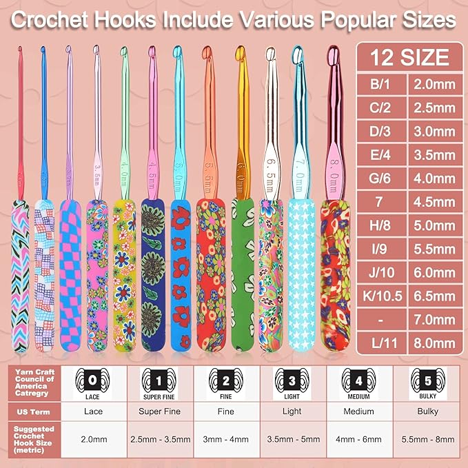 Coopay Warm Crochet Hooks Plus for Crochet Gifts, 12PCS 2mm-8mm(B-L) Crochet Kit Crochet Hook Set Ergonomic Grip Crochet Needles for Crocheting Art Yarn Craft,Precious Knitting & Crochet Supplies
