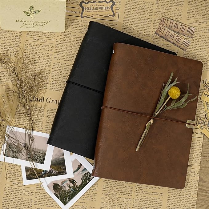 Vienrose Photo Album Scrapbook Kit, 3 Ring Faux Leather Cover DIY Memory Book Kraft Paper with 50 Sheets 100 Pages, Vintage Scrapbooking Supplies Set for Wedding, Anniversary, Valentine Gifts, Black