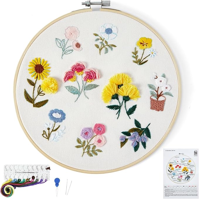 Embroidery Kit for Beginners Adults, Cute Flowers Embroidery Starter Kits, Floral Stamped Cross Stitch Kits for Beginner Adults Craft Kits for Women, Entire Set of Embroidery Supplies & Video Tutorial